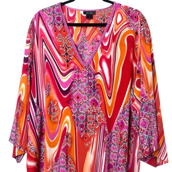 Natori Satin V-Neck Caftan Long Gown Loungewear Pink Orange Abstract Sz Medium - Picture 2 of 8